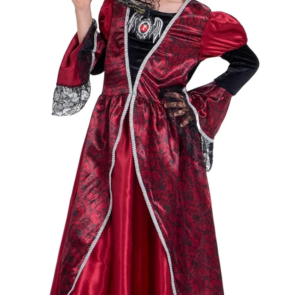 Girls Gothic Vampire Costume Dress Red Black Lace Halloween Size 10-12 Cosplay